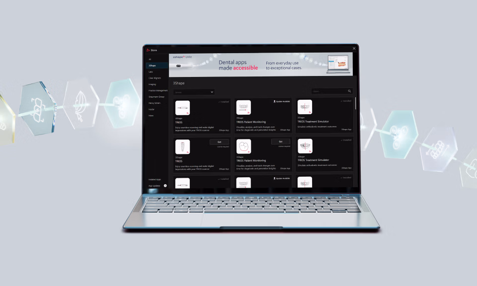 Laptop displaying dental app marketplace with workflow icons